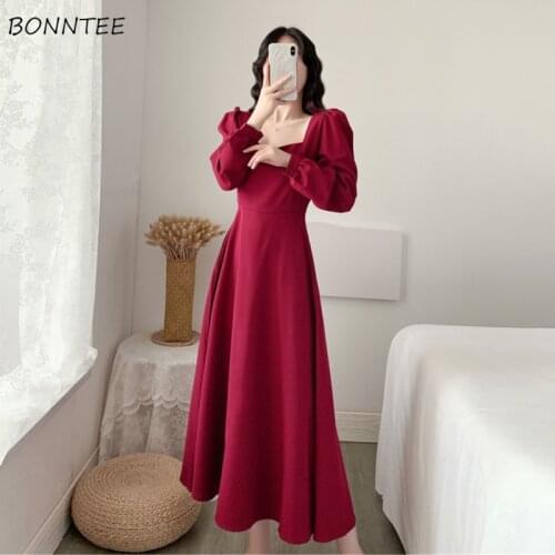 Long Sleeve Dress Women Holiday Elegant Ankle-length Female Square Collar Simple Trendy Korean Style Leisure Streetwear Slim Ins