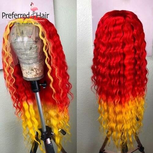 Preferred Preplucked Deep Wave Lace Front Wig Brazilian Remy Red To Yellow Pink Highlight Wig Human Hair Ombre Wigs For Women