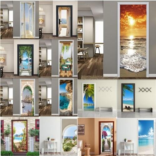 Seaside Scenery 3D PVC Self-adhesive Door Sticker Sea Beach Mural Poster Home Decoration Decal Porch Natural Landscape Wallpaper