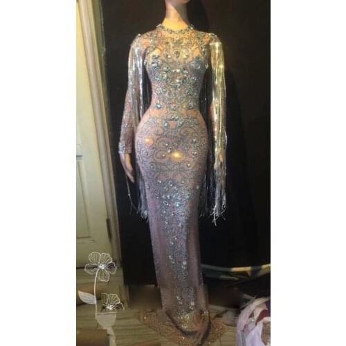 Sexy Costumes Sparkling Crystals Nightclub Party Wear Long Tassel Evening Dress Women stage dresses