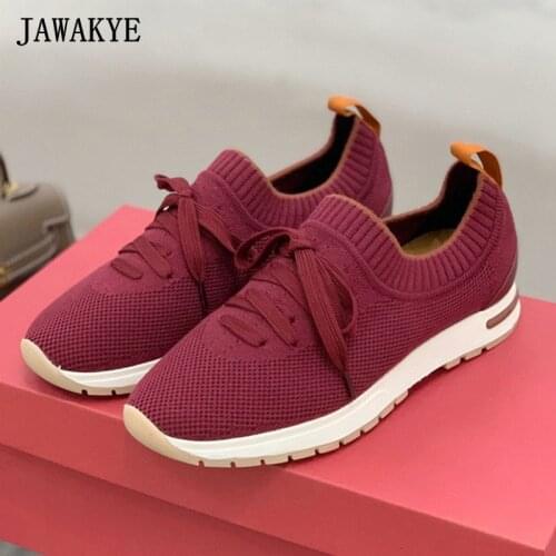 Quality Lace Up Knitting Women Shoes Round Toe Elastic Thick Sole Flat Shoes Comfort Breathable Casual Tennis Shoes Outdoor