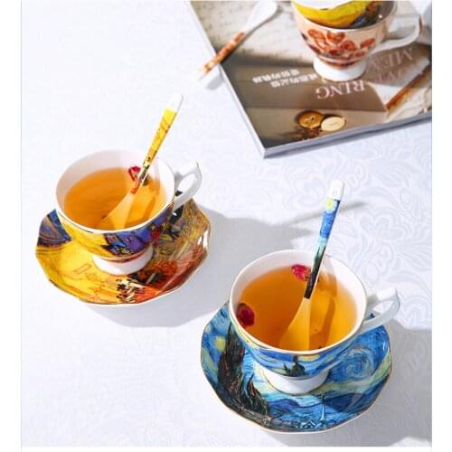 Van Gogh Art Painting Coffee Tea Cups With Spoon Starry Night Iris Night Cafe Apricot Blossom Afternoon Tea Tableware Best Gift
