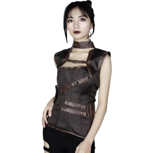 Steampunk Vintage Womens Corset with Shawl Bandage Waist Belt Pockets Rock Brown Retro Vest Court Lady Corsets