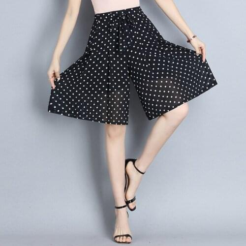 Black Dot Chiffon Wide Leg Pants Skirts 2021 Summer Women Fashion High Waist Casual Loose Half Pants Lady Vintage Shorts 7653