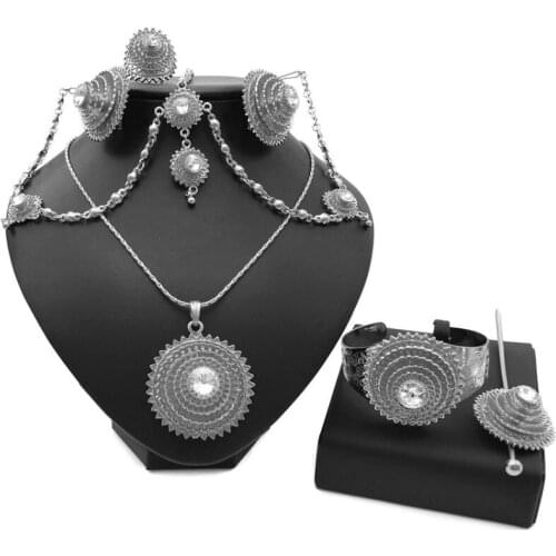 Yulaili Top Quality Ethiopian Jewelry Sets Chain Necklace Earrings Ring Bangle Headwear Hairpin African Wedding Jewelery Set