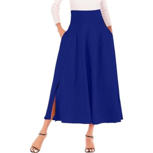 High Waist Side Split Long Skirt Women Elegant Pleated Belt Side Pockets Solid Color Ladies Vintage Skirts Summer 2021