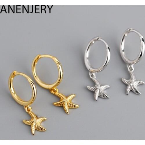 ANENJERY 925 Sterling Silver Starfish Hoop Earring for Women Geometric Gold Silver Jewelry Wholesale S-E1388