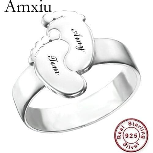 Amxiu Personalized Name Ring 925 Sterling Silver Ring Engrave Two Names Feet Rings For Women Mother Accessories Handmade Jewelry