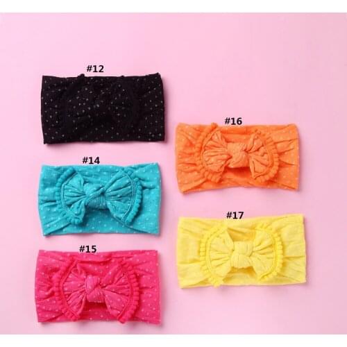 100 pcs/lot, Wholesale White Polka Dot Pom pom Bow Nylon Headwraps, wide nylon turban headbands, Kids Girls Hair Accessories