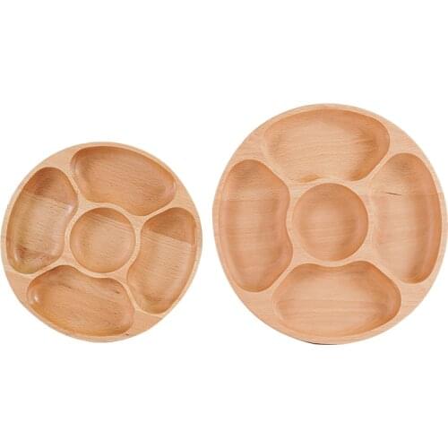 Wooden Round Food Divided Plate Dessert,Snack Sub-Grid Dish Tableware Tray 5 Compartments(25 cm+30 cm)