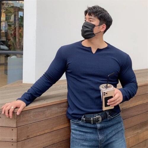 2021 Men New V Neck Long sleeve T-shirt Fitness Slim Fit Sports Strips T-shirt Male Solid Fashion Tees Tops cotton Gym Clothing