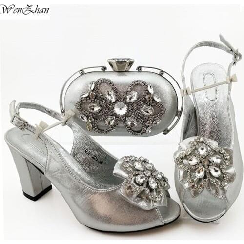 Italian Silver Shoes And Bag Set Wholesale Price wedding shoes and matching purse with Crystal for women party WENZHAN B14-8