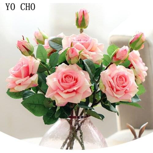 YO CHO Exquisite Table Artificial Flower Charming Rose Wedding Bouquet Home Decoration Flower Bridal Bridesmaid Bouquet Pink DIY