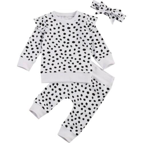 Spring Autumn Childrens Three Piece Set, Kids Fly Sleeve Crew Neck Dot Pullover Suit Stretch Pants Hair Band