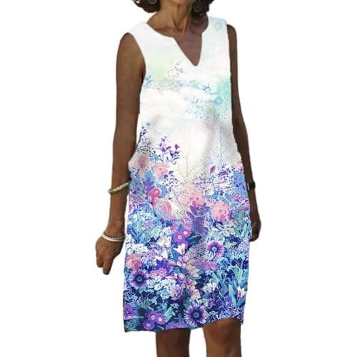 Summer Women Dresses V Neck Vivid Flower Print Bohemia Loose Sleeveless Knee-Length Dress Streetwear