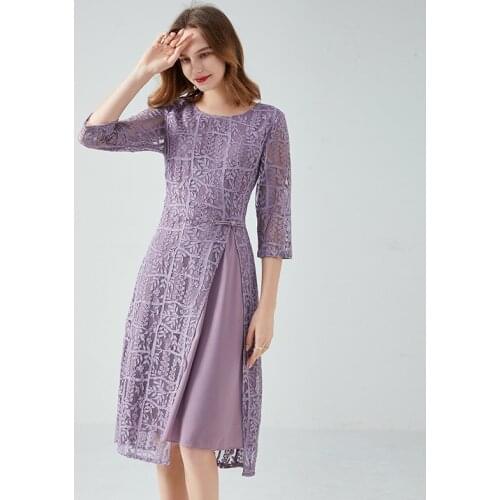 Summer 2021 Women Clothing , Casual 3/4 Sleeve Purple Lace Patchwork Dress , Placket 4xl 5xl Dresses for Woman