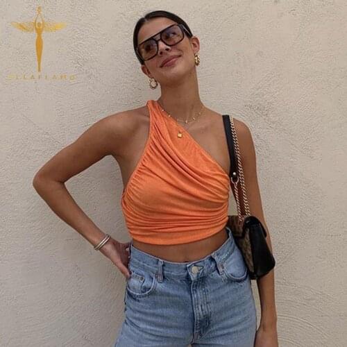One Shoulder Tank Vest Sexy Sleeveless Crop Top Womens Clothes Summer Folds Elastic Tank Tops Orange Plain Crop Vest Femme Camis