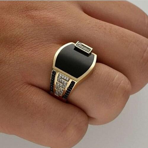 Size 6 -13 Classic Gold-color Rhinestone Men Ring Black Enamel Male Finger Rings Best Selling