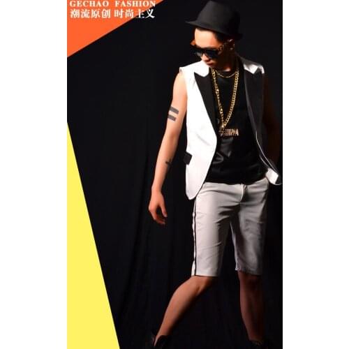 Men vest white splice clothing personality slim male sleeveless vests men punk rock singer dance stage star fashion