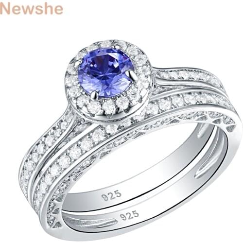 Newshe 2 Pcs 925 Sterling Silver Wedding Ring Set For Women Round Cut White & Blue AAA CZ Engagement Rings Classic Jewelry
