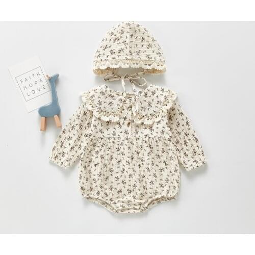Newborn Toddler Girls Bodysuits Cute Lovely Infant Baby Girl Floral Bodysuit Jumpsuit Outfits Hat Casual Clothes 2021 Spring