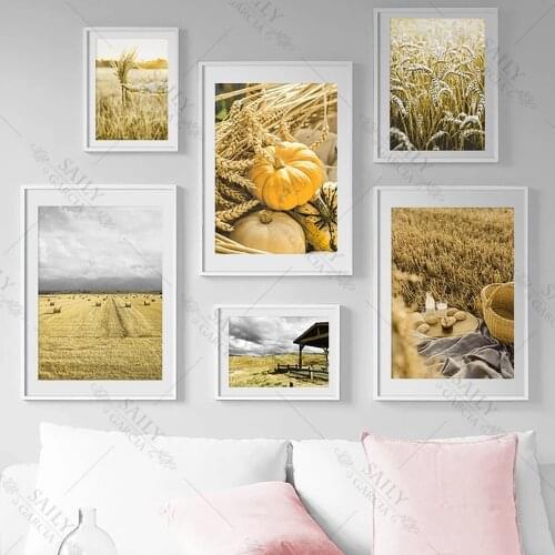 Nordic Style Poster Pumpkin Foods Wheat Field Autumn Scenery Canvas Painting Modular Wall Art Picture for Living Room Decoration