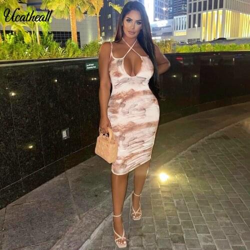 Halter Sleeveless New Casual Chic Floral Print Sling Midi Dress Women Holiday V-neck Dress Summer Sexy Backless Ladies Dresses