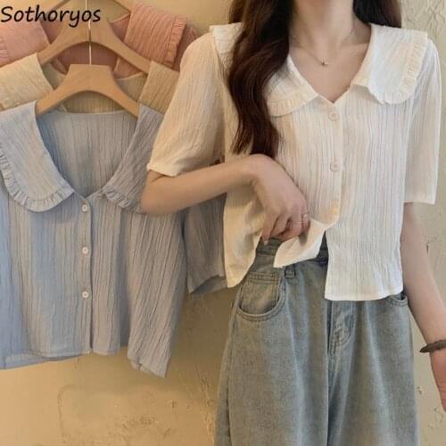 Summer Shirts Women Short Sleeve Peter Pan Collar Ladies Blouses Loose Leisure Sweet Preppy Style All-match Retro Fashion Kawaii