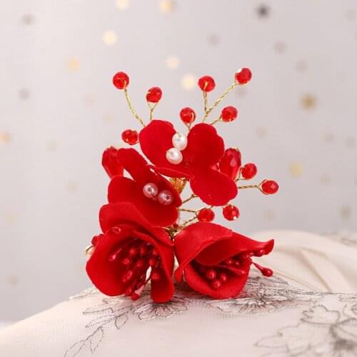 Classic Chinese Red Flower Bride Hair Pins Hair Jewelry Women Hairpin Bride Toasting Clothing Wedding Hair Accessories LB