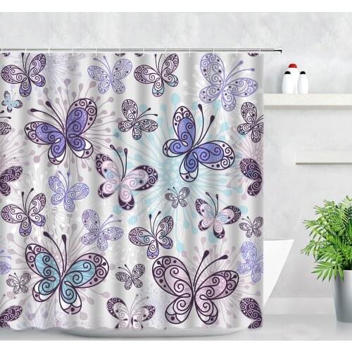 Butterfly Shower Curtains Waterproof Fabric Hooks Bath Screen Flowers Pattern Background Modern Home Bathroom Decor Curtain Set