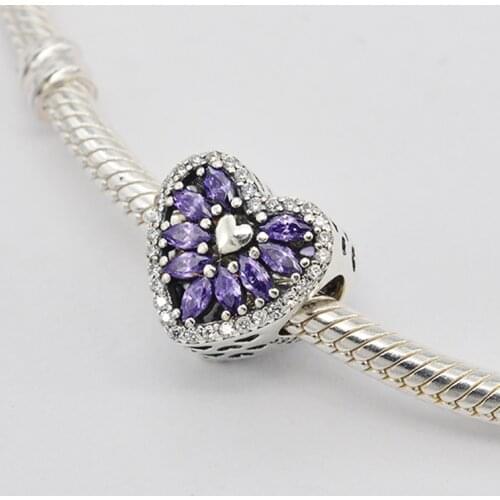 925 Sterling Silver Sparkling Purple CZ Heart Charms Beads Fit European Bracelet & Bangle for Women Fine Jewelry Gift
