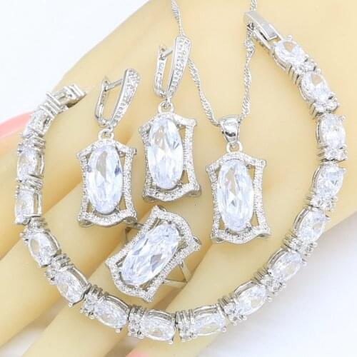 Silver Color Jewelry Sets For Women White Zircon Bridal Bracelet Earrings Necklace Pendant Rings Gift Box