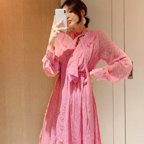 2021 Spring New Pink Print Pleated Dress Lace-up Bow Neck Long Sleeve Slim Midi Dress Formal Office Lady Business Robe
