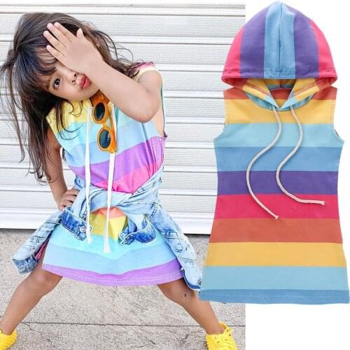 2020 Kids Baby Girl Summer Sleeveless Rainbow Stripe Dress Hooded Outfit Sunsuit Clothes Girls Casual Dresses