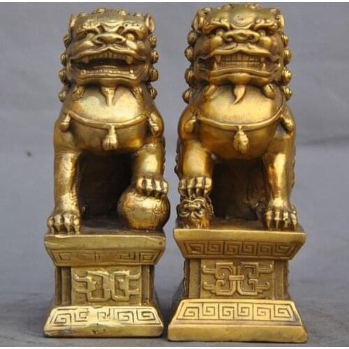 6"China Pure Brass Fengshui Guardian Foo Fu Dog Phylactery Door Lion statue Pair