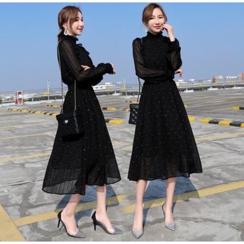 Black Party Elegant Chiffon Long Sleeve Dresses 2021 Autumn Vintage Polka Dot Solid Elastic Waist Midi Dress Women Fashion Dress