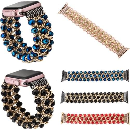 Crystal Beads Elastic Metal Chain Wristband for Apple Watch Band Series 3 2 1 Bangle Bracelets Jewelry Bands Strap 38mm 42mm