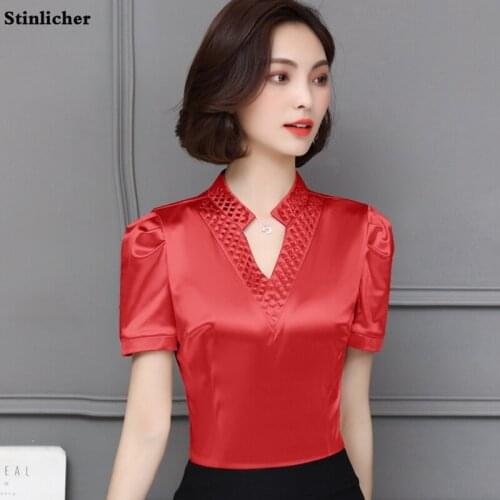2019 New Bright Silk Summer Casual Chiffon V Neck Satin Tops Tees Office Lady Slim Short Sleeve T-shirts For Women Clothing