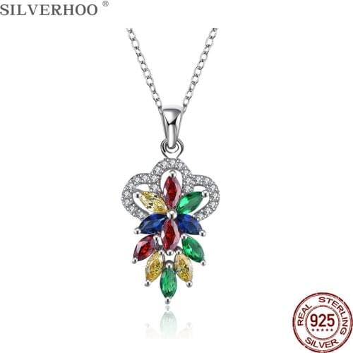 SILVERHOO Sterling Silver 925 Jewelry Dazzling Cubic Zirconia Flower Pendant Necklaces For Women Valentines Day Gift Necklace