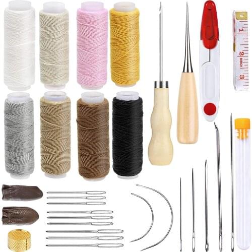 KAOBUY 32Pcs Leather Repair Kit Craft Tool Hand Sewing Needles Awl Thread and Needles Tape Measure Large-Eye Stitching Needles