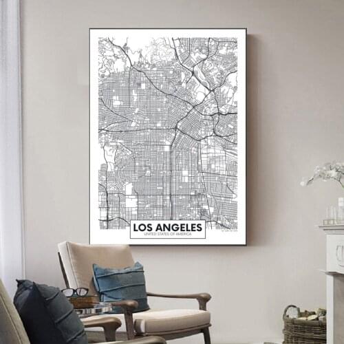 Famous City Map USA Los Angeles Print Canvas Painting Wall Art Pictures Black White Posters and Prints Living Room Home Decor