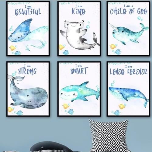 Cute Ocean Animal Whale Shark Quote Wall Art Canvas Painting Nordic Posters And Prints Cartoon Wall Pictures For Kids Room Decor