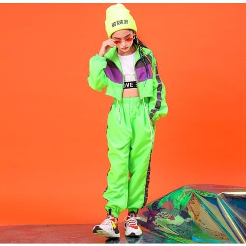Green Children Hip Hop Clothes Kids Modern Dance Fluorescence Running Clothing Suits Girl Jazz Dance Costume Stage Outfits