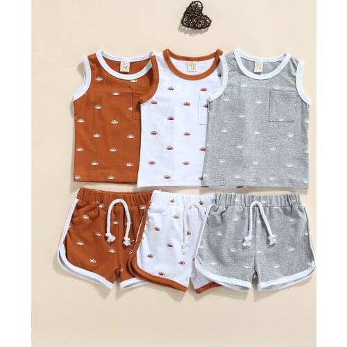 2Pcs Set 0-24M Infant Baby Girl Boy Summer Outfit Sun Print O-Neck Tank Tops Elastic Waist Shorts Outfit