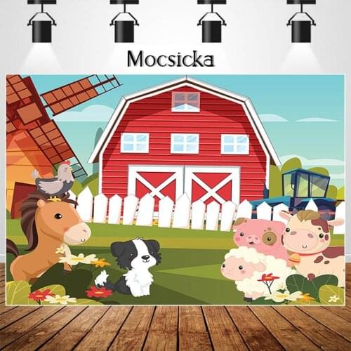 MOCSICKA Farm Baby Shower Birthday Photography Baclground Windmill Red Barn Animals Decorations Backdrop Banner