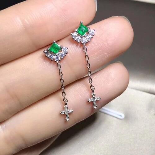Fashion natural green emerald Elegant Cross square drop earrings Natural gem stone earrings 925 silver girl earrings jewelry