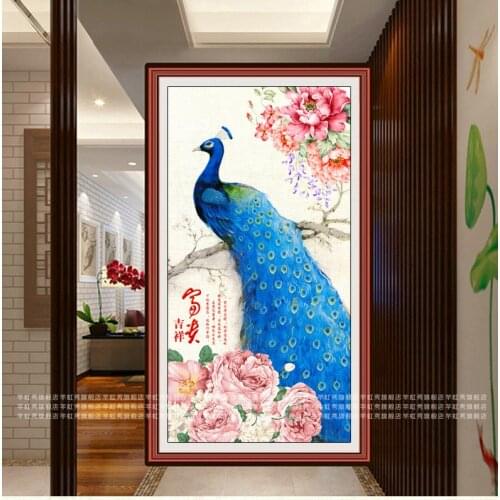 Kit for Needlework,DIY Cross stitch, Embroidery,Gold Fortune peace bird peacock print pattern Silk Cross-Stitch animal decor