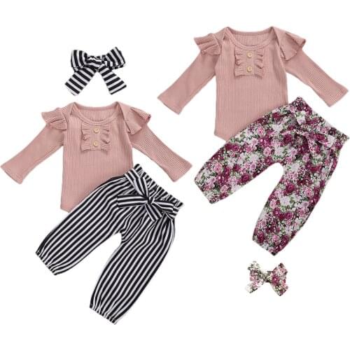 2020 Autumn Newborn Baby Girls Clothing Set Ruffle Long Sleeve Knitted Top + Floral Striped Pants+ Headband 0-2T Toddler Clothes