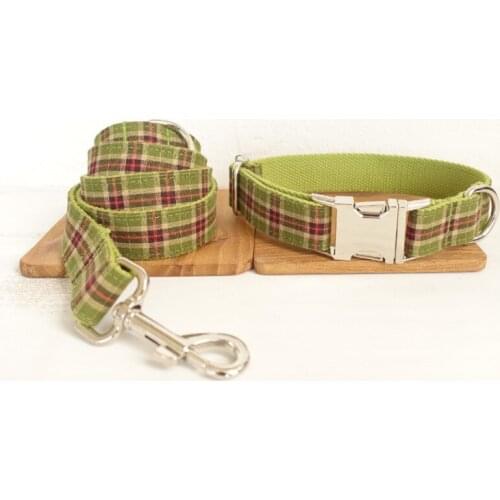 Green Plaid Dog Collar with Bow tie and Leash Personal Custom Adjustable Pet Cotton Dog &Cat Necklace