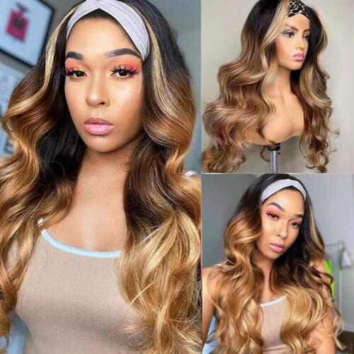 Ombre Honey Blonde Highlight Color Body Wave Headband Wig Human Hair Wigs For Black Women Brazilian Glueless Scarf Wig Remy Hair